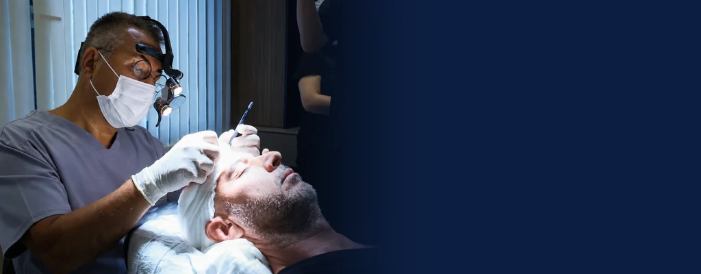 El Dr. Servet Terziler realizando un trasplante capilar con DHI robótica en la Dr. Terziler Exclusive Clinic, Estambul