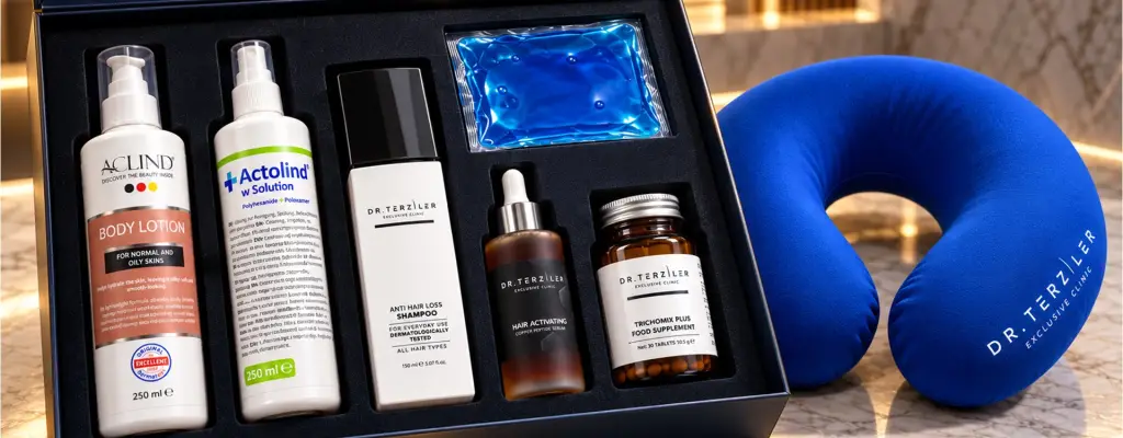 Hair transplant aftercare kit from Dr. Terziler Exclusive Clinic, Istanbul: lotion, wound spray, shampoo, hair serum, supplement, cold pack and travel neck pillow