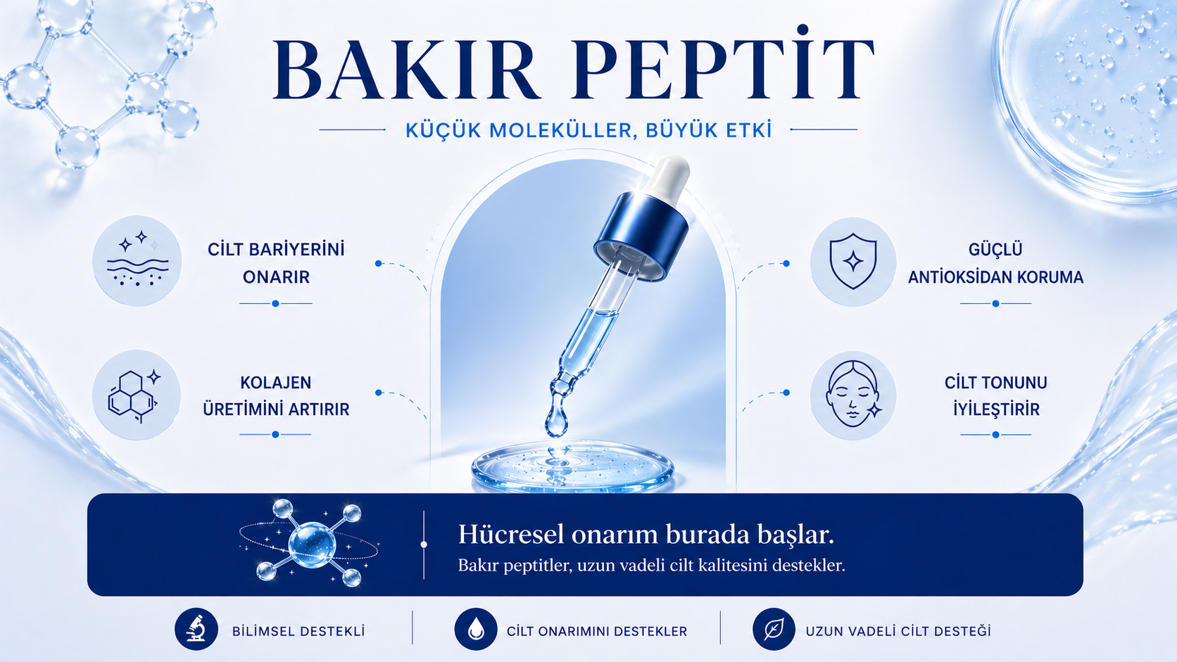 Bakır Peptit (GHK-Cu) Faydaları İnfografik — Cilt Onarımı, Kolajen Üretimi, Antioksidan Koruma, Cilt Tonu | Dr. Terziler Youngevity Programı İstanbul
