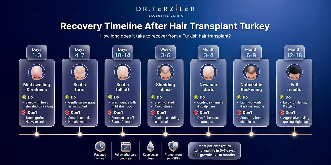 Recovery timeline after hair transplant Turkey from day 1 to month 16 by Dr. Terziler Exclusive Clinic in Istanbul. Infographic showing what to do and don’t after a hair restoration surgery.