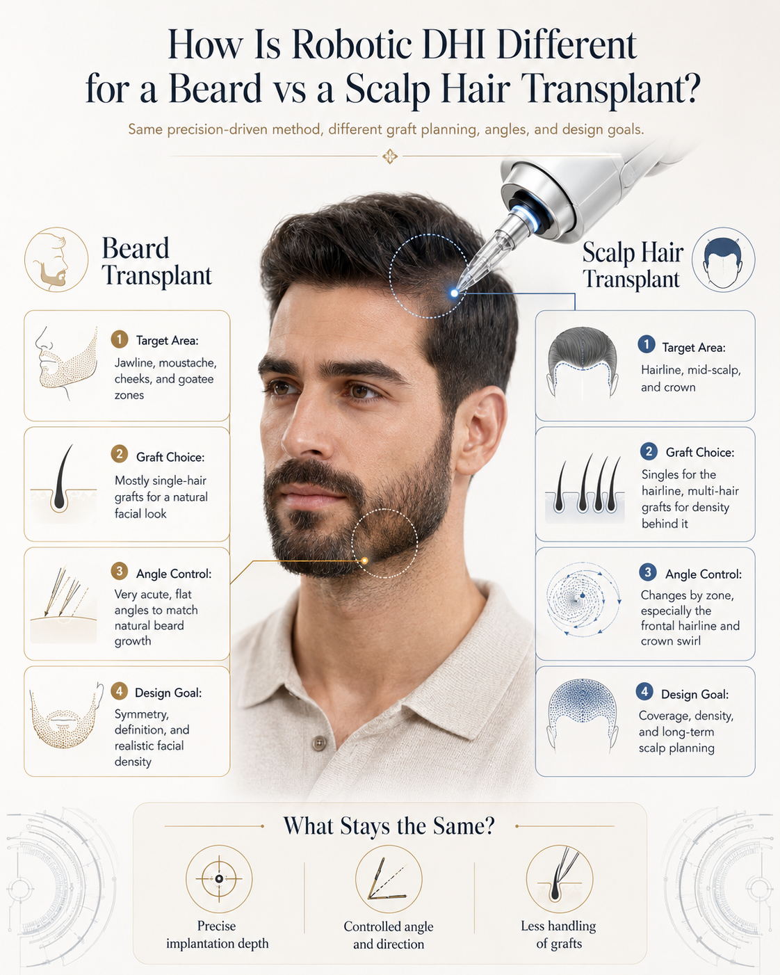 Infographic comparing Robotic DHI beard transplant and scalp hair transplant implantation angles and depth