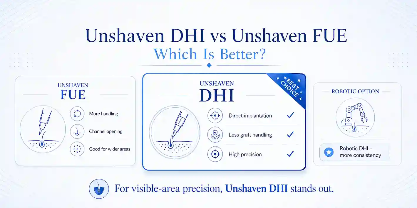 Unshaven DHI vs Unshaven FUE comparison infographic by Dr. Terziler Exclusive Clinic, Istanbul. Differences in implantation method, graft count, donor strip handling, and recovery.