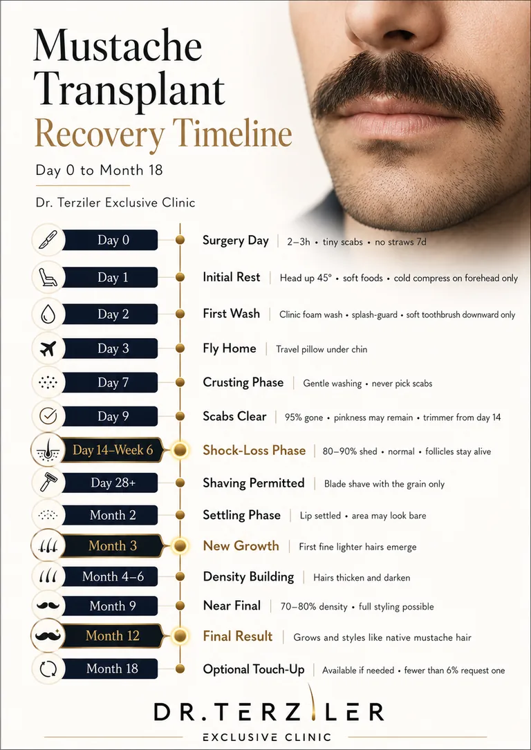 Mustache transplant recovery timeline at Dr. Terziler Exclusive Clinic