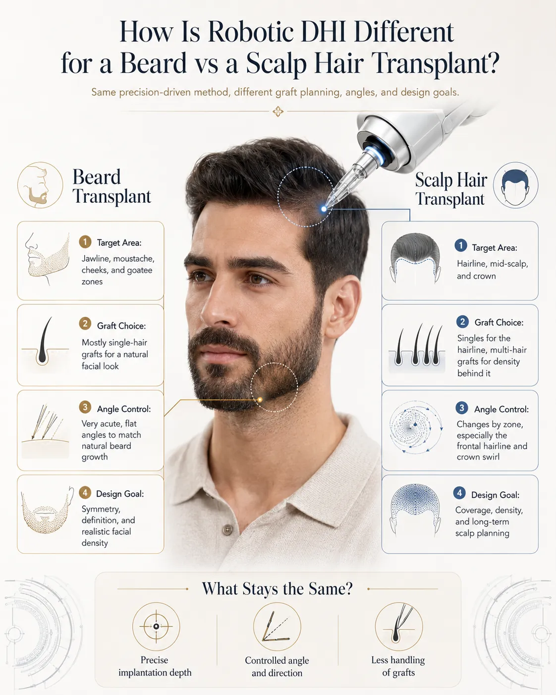 Infographic comparing Robotic DHI beard transplant and scalp hair transplant implantation angles and depth