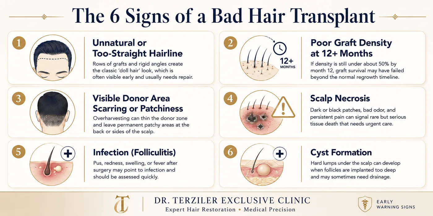 the 6 signs of a bad hair transplant infographic showing unnatural hairline, poor graft density, visible donor area, scalp necrosis, infection, and cyst formation explained by the best hair transplant clinic in Turkey Dr. Terziler