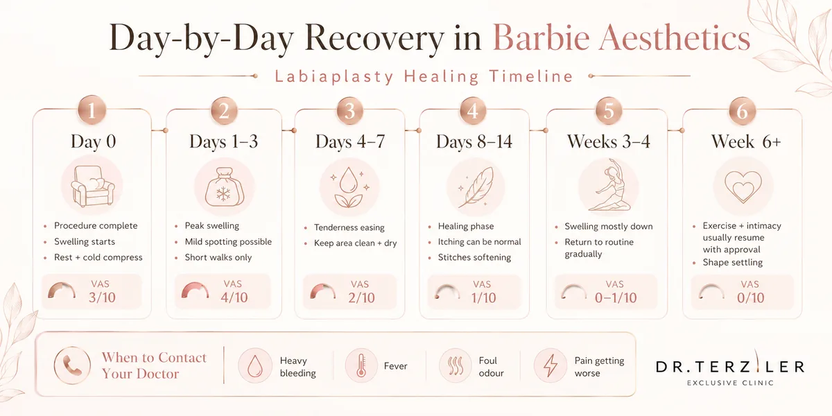 Barbie aesthetics(labiaplasty) recovery timeline infographic showing day-by-day labioplasty healing stages, expected pain levels, swelling and sensitivity changes, and recovery milestones from the first postoperative day to full healing.