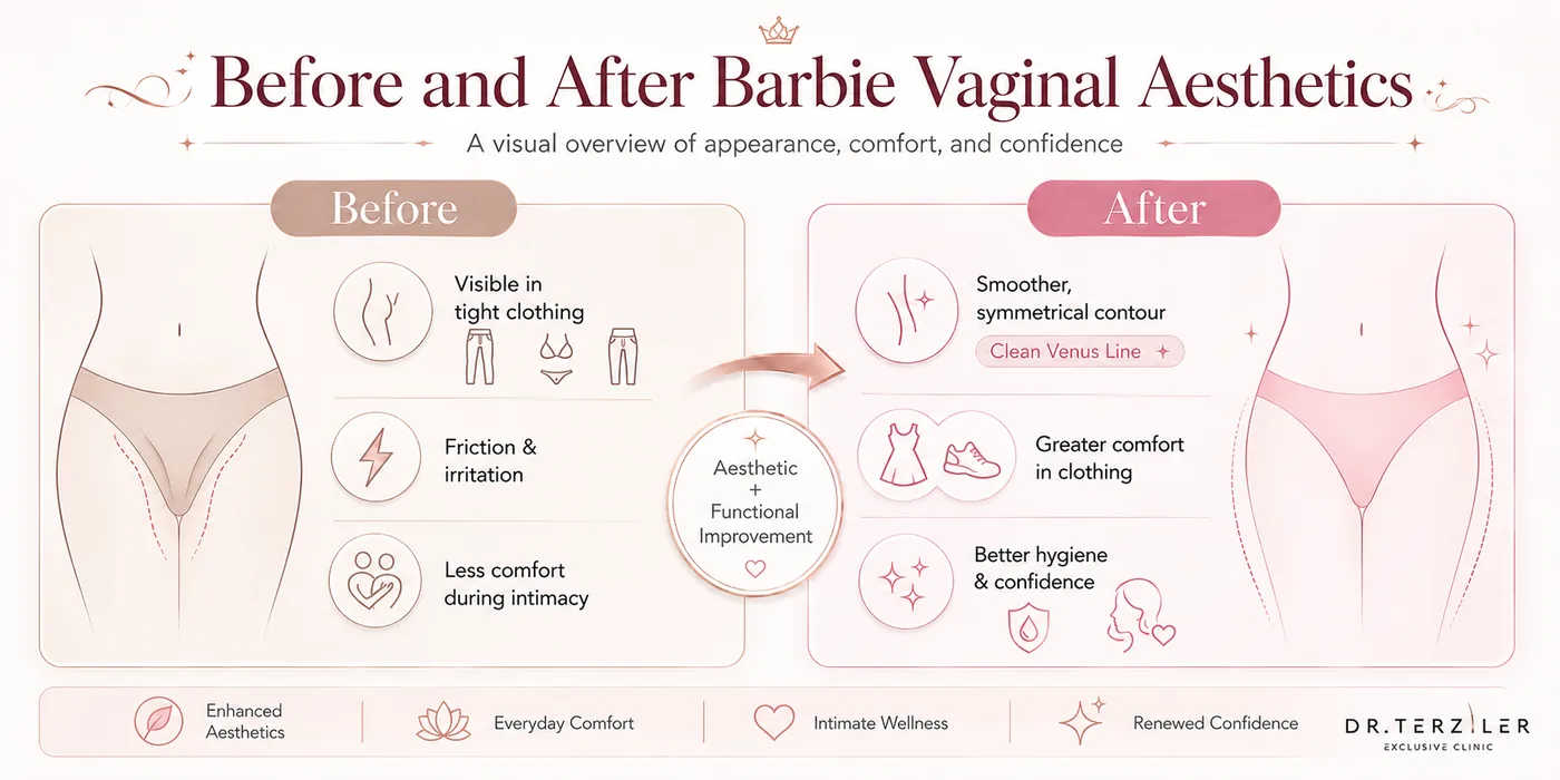 Barbie vaginal aesthetics (labiaplasty) before and after infographic showing common pre-treatment concerns such as visible tissue protrusion, friction discomfort, and intimacy-related confidence issues, alongside post-treatment outcomes including a smoother appearance, improved comfort in tight clothing, and increased sexual confidence.