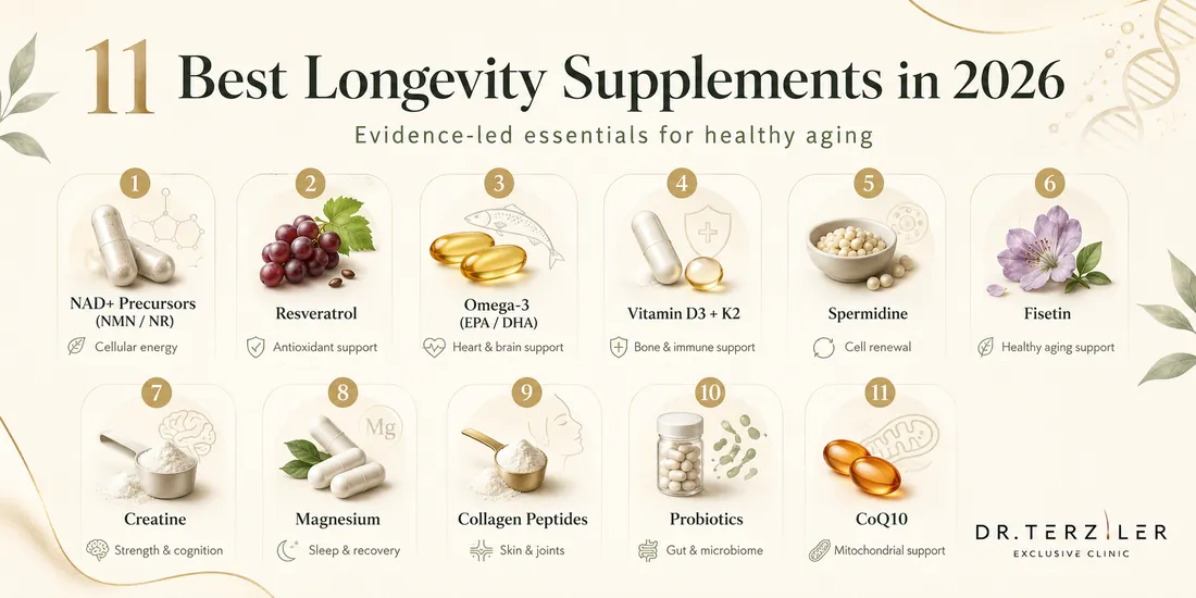 11 best longevity supplements in 2026 infographic showing NAD+ precursors NMN and NR, resveratrol, omega-3 EPA/DHA, vitamin D3 with K2, spermidine, fisetin, creatine, magnesium, collagen peptides, probiotics, and CoQ10 for healthy aging, cellular energy, microbiome support, and mitochondrial health.