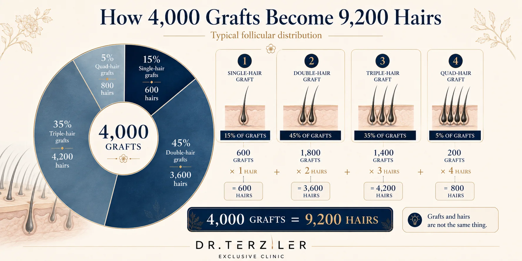 4000 greft saç ekimi saç teli hesabı: 4.000 greften yaklaşık 9.200 saç teli sağlayan foliküler dağılım analizi