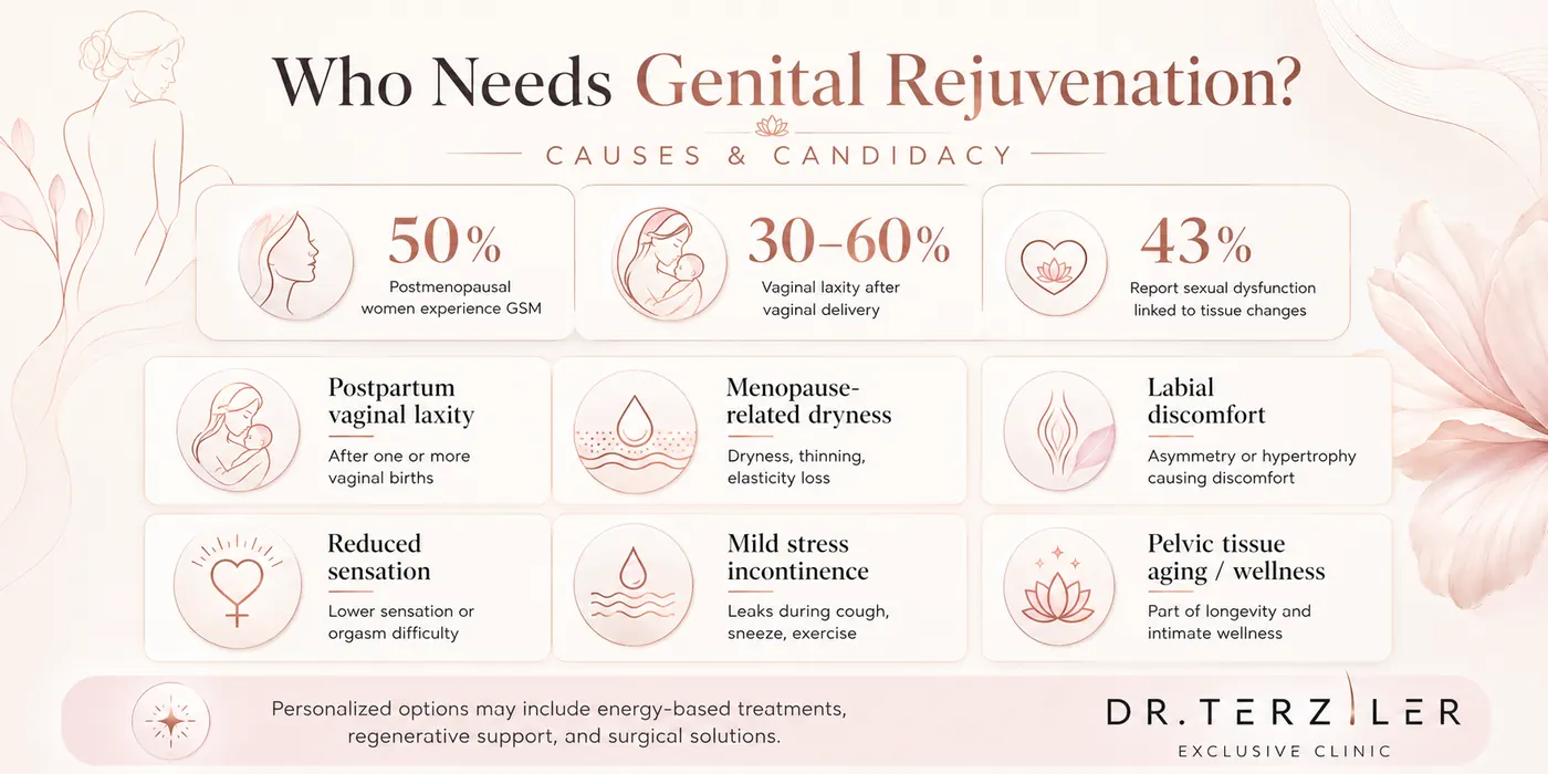 who needs genital rejuvenation infographic explained by the best longevity clinic in Europe Dr. Terziler. Postpartum vaginal laxity, menopause-related dryness, labial discomfort, reduced sensation, mild stress incontinence and pelvic tissue aging / wellness are main candidacy causes.