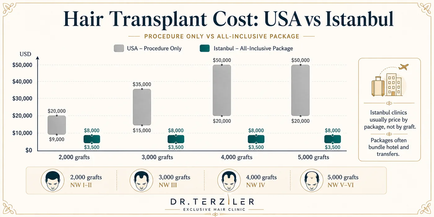 Hair transplant Turkey vs USA cost comparison: USA $20,000-$40,000 procedure only vs Istanbul $3,500-$8,000 all-inclusive at top hair transplant clinic in Turkey, Dr. Terziler Exclusive Clinic (AAACI-accredited, Robotic DHI)