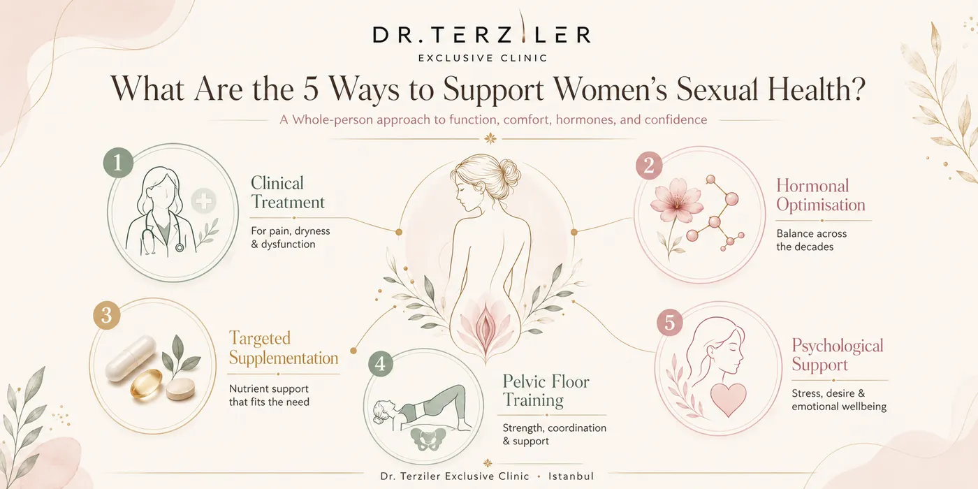 Five ways to support women's sexual health through clinical treatment, hormone optimisation, targeted supplements, pelvic floor training, and psychological support.