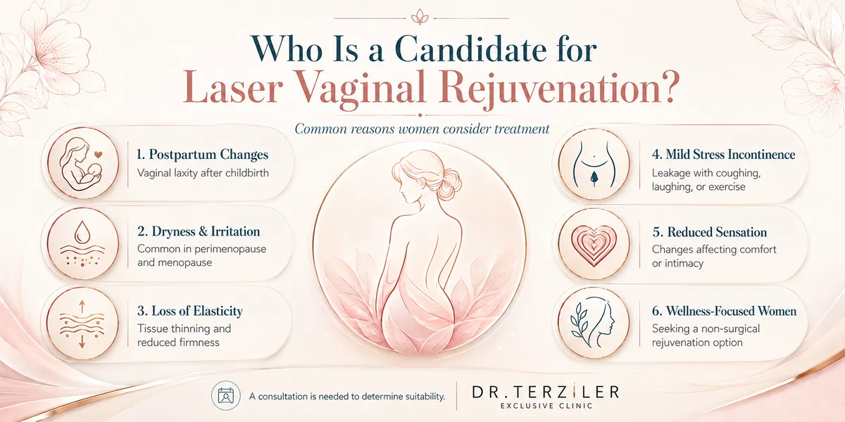 Laser vaginal rejuvenation candidate infographic showing postpartum vaginal laxity, menopause-related dryness, loss of elasticity, mild stress incontinence, reduced sensation, and non-surgical intimate wellness reasons for treatment.