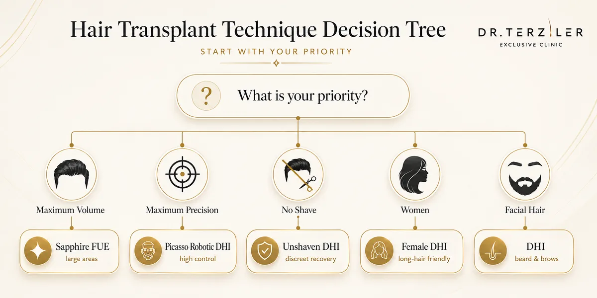 hair transplant techniques decision tree by Dr. Terziler. unshaven DHI, DHI, Robotic DHI, FUE techniques compare.
