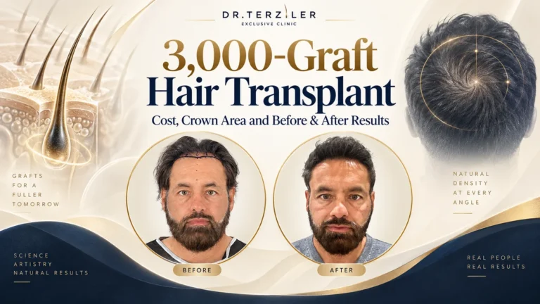 3000 graft hair transplant before and after in Turkey showing crown coverage, natural hairline density and Robotic DHI results