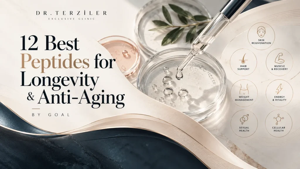 Best peptides for longevity and anti-aging featured image showing peptide therapy goals for skin rejuvenation, hair support, muscle recovery, weight management, energy, sexual health and cellular health at Dr. Terziler Exclusive Clinic