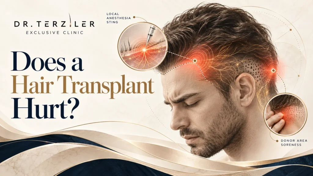 Medical illustration showing hair transplant pain points, including local anesthesia injections, scalp sensitivity and donor area soreness after surgery.