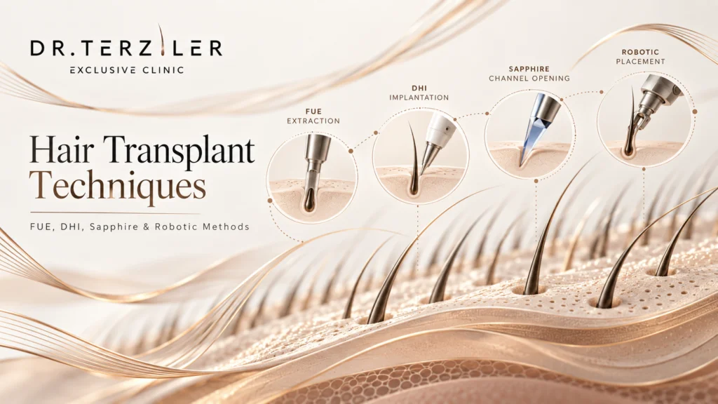 Hair transplant techniques illustration showing FUE extraction, DHI implantation, sapphire channel opening, and robotic hair graft placement by Dr. Terziler Exclusive Clinic