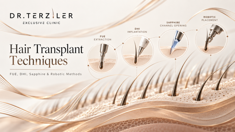 Hair transplant techniques illustration showing FUE extraction, DHI implantation, sapphire channel opening, and robotic hair graft placement by Dr. Terziler Exclusive Clinic