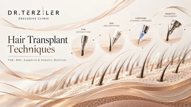 Hair transplant techniques illustration showing FUE extraction, DHI implantation, sapphire channel opening, and robotic hair graft placement by Dr. Terziler Exclusive Clinic