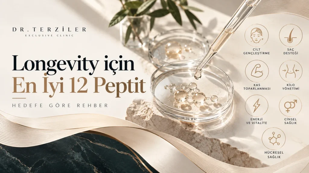 Longevity i&ccedil;in en iyi 12 peptit; cilt gen&ccedil;leştirme, sa&ccedil; desteği, kas toparlanması, kilo y&ouml;netimi, enerji, cinsel sağlık ve h&uuml;cresel sağlık hedeflerini g&ouml;steren Dr. Terziler Exclusive Clinic g&ouml;rseli