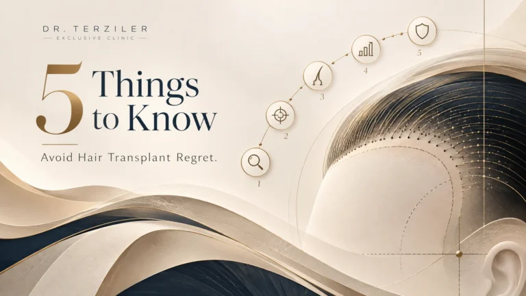 5 things to know before a hair transplant featured image illustrating hair transplant regret prevention, donor planning, natural hairline design, graft quality and medical responsibility at Dr. Terziler Exclusive Clinic