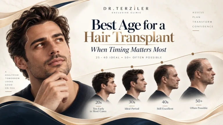 What is the best age for a hair transplant illustration showing hair transplant candidacy in the 20s, 30s, 40s and 50s, with age, hair loss stability and donor planning at Dr. Terziler Exclusive Clinic