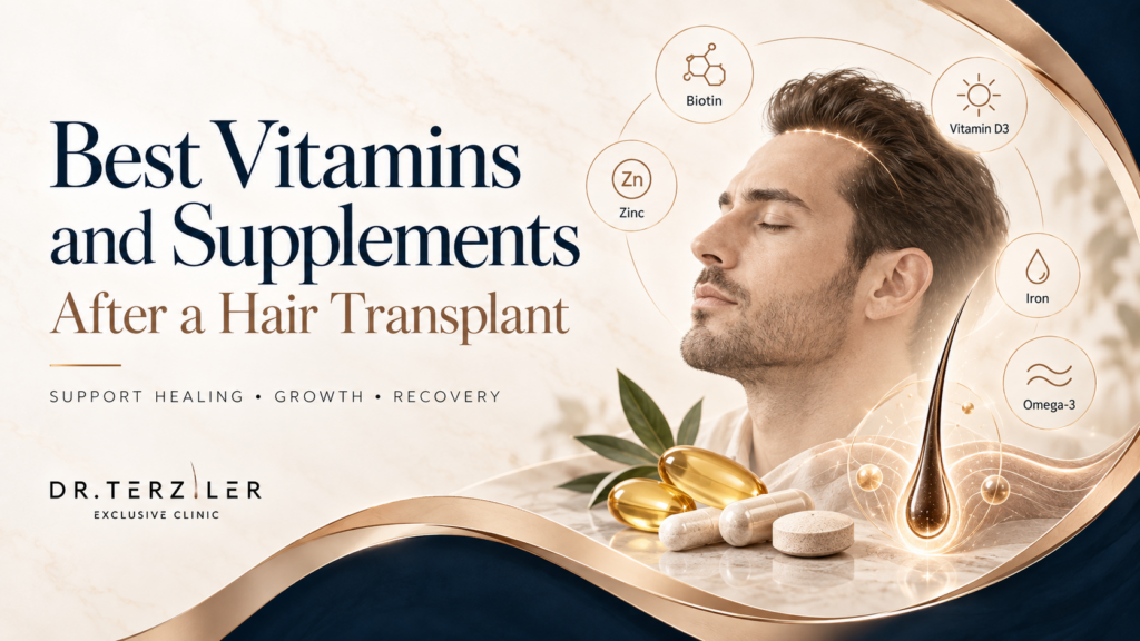 Best vitamins and supplements after a hair transplant featured image showing biotin, vitamin D3, zinc, iron and omega-3 for healing, hair growth and recovery at Dr. Terziler Exclusive Clinic