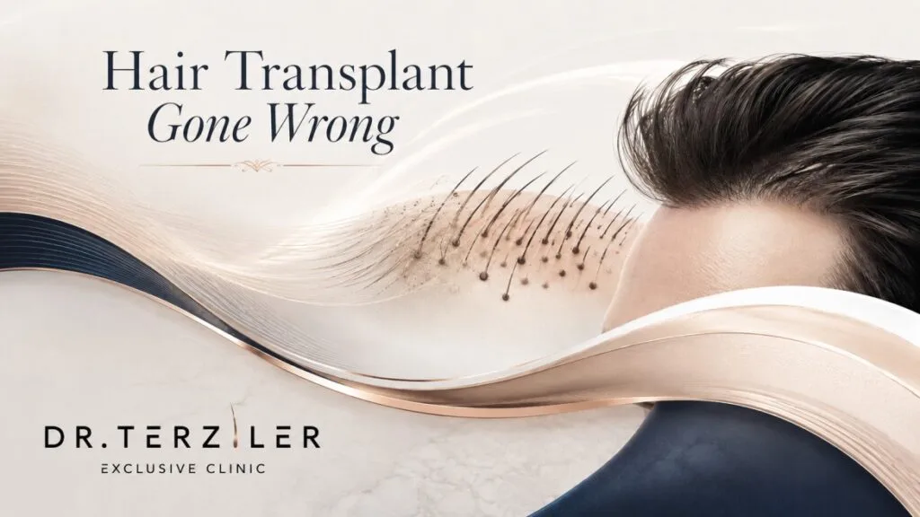 Hair Transplant Gone Wrong and failed hair transplant repair illustration showing damaged grafts, poor hairline results and corrective restoration at Dr. Terziler Exclusive Clinic