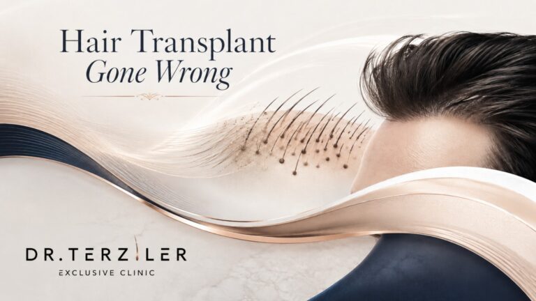 Hair Transplant Gone Wrong and failed hair transplant repair illustration showing damaged grafts, poor hairline results and corrective restoration at Dr. Terziler Exclusive Clinic