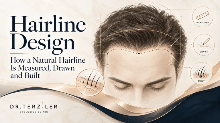 Hairline design featured image showing how a natural hairline is measured, drawn and built with facial proportions, graft placement and hairline planning at Dr. Terziler Exclusive Clinic