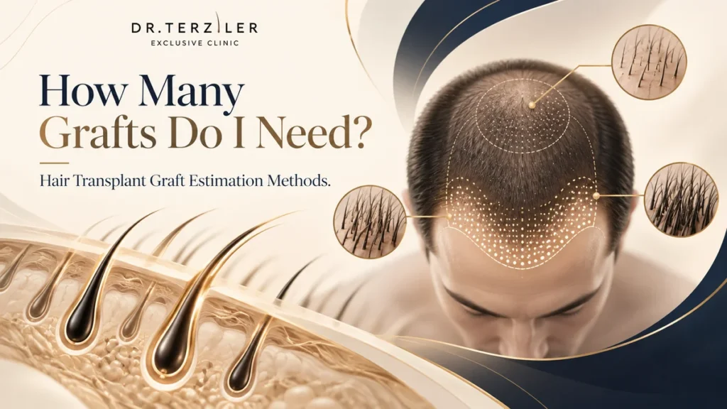 How many grafts do I need for a hair transplant illustration showing scalp treatment zones, graft density mapping and follicular unit estimation
