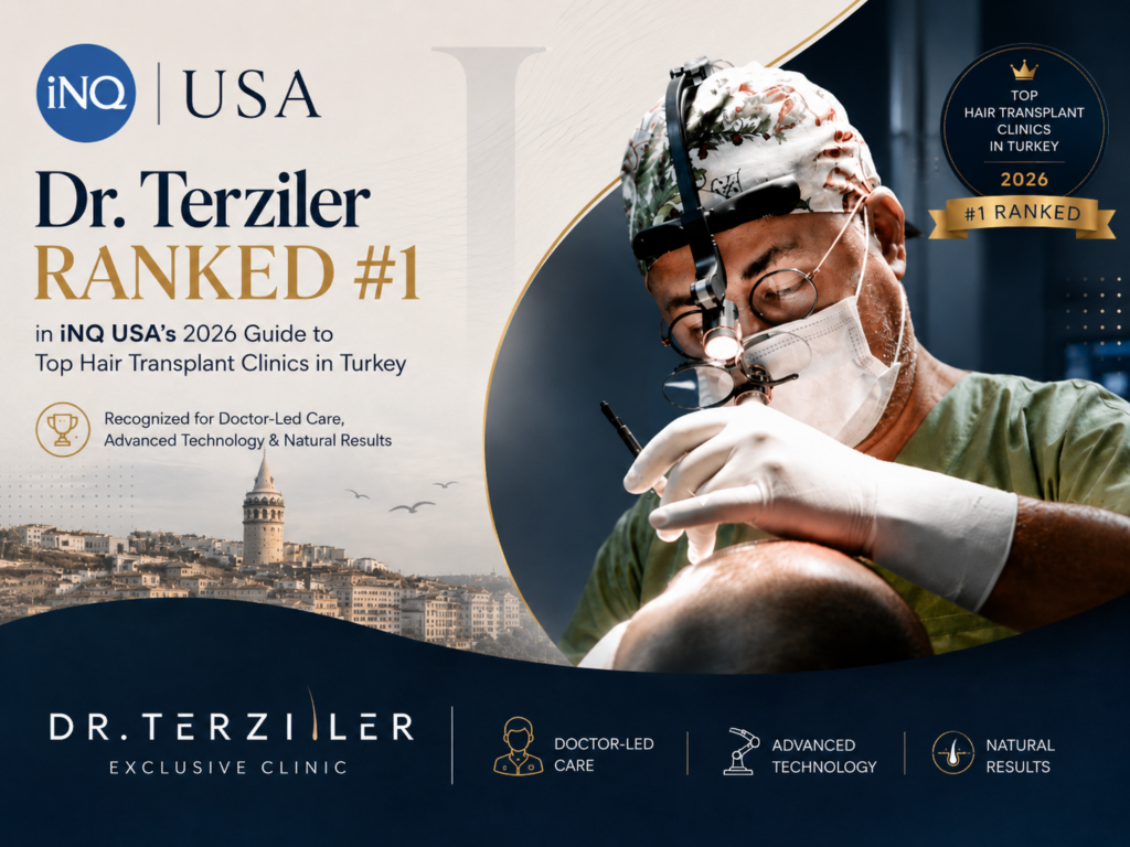 Dr. Servet Terziler performing a hair transplant, featured as the #1 ranked clinic in Inquirer USA&rsquo;s 2026 guide to top hair transplant clinics in Turkey.