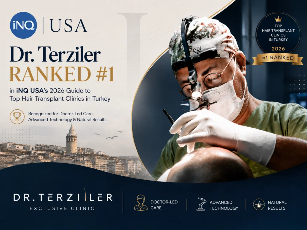 Dr. Servet Terziler performing a hair transplant, featured as the #1 ranked clinic in Inquirer USA’s 2026 guide to top hair transplant clinics in Turkey.
