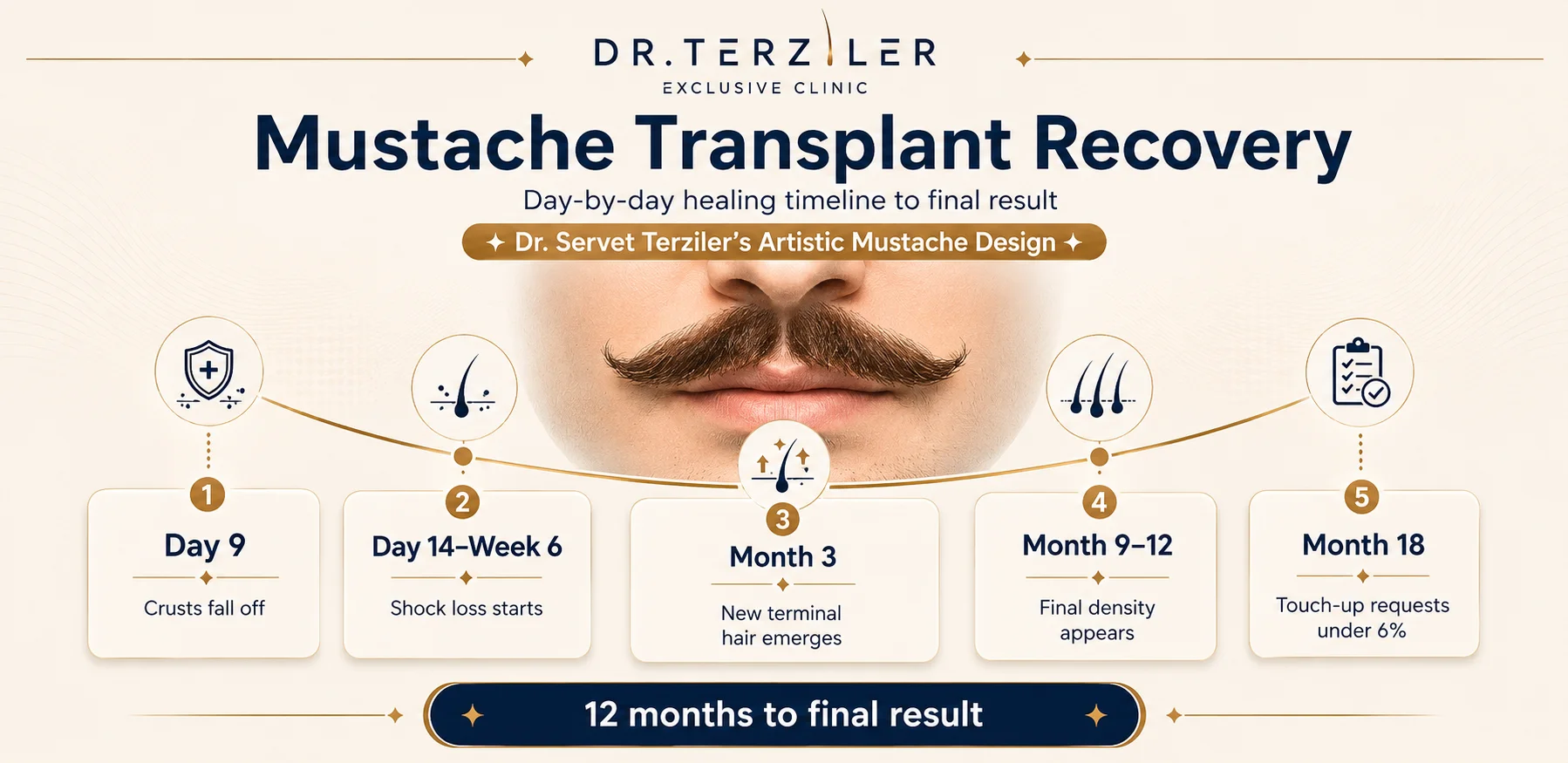 Moustache transplant recovery timeline Turkey, day by day healing from first wash to month 12 growth at Dr. Terziler Exclusive Clinic