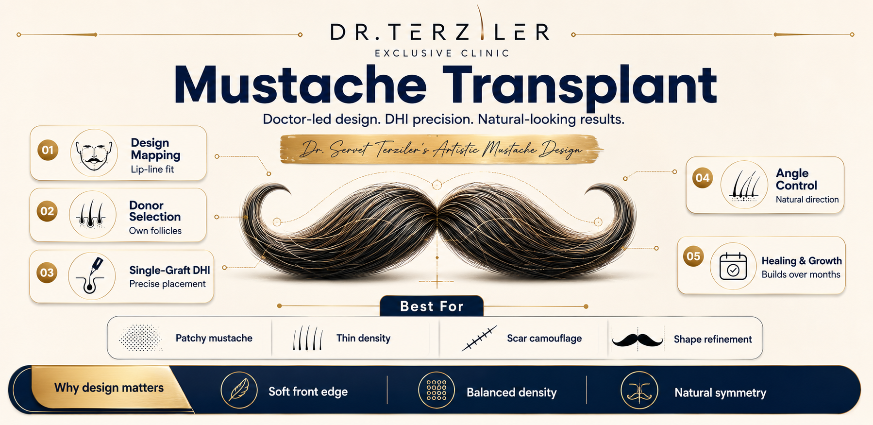 Mustache transplant Turkey infographic, moustache hair transplant technique cost grafts and Robotic DHI overview at Dr. Terziler Exclusive Clinic