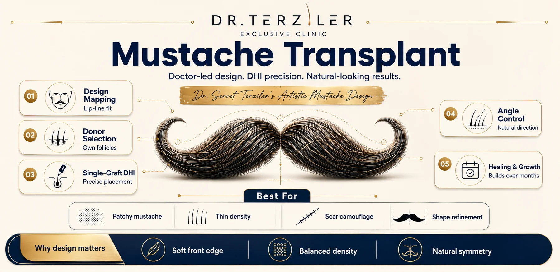 Mustache transplant Turkey infographic, moustache hair transplant technique cost grafts and Robotic DHI overview at Dr. Terziler Exclusive Clinic