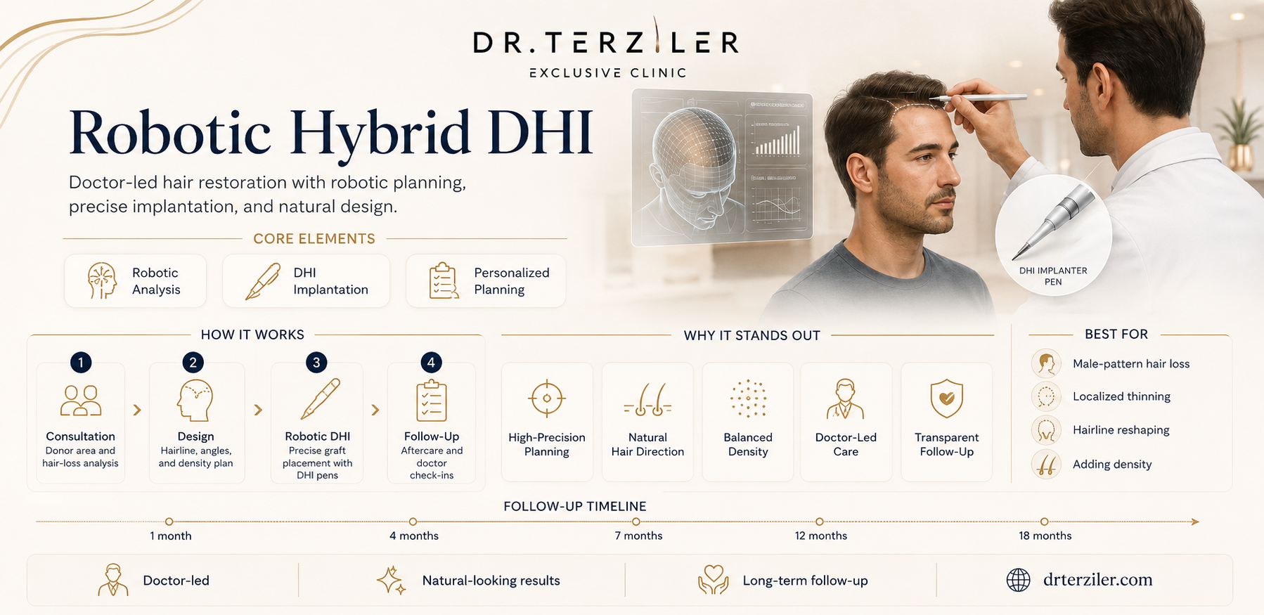 Robotic DHI hair transplant infographic explaining doctor-led Direct Hair Implantation, robotic DHI vs robotic FUE and manual DHI, graft survival, density per cm2, patented ROBOTIC DHI machine and hair transplant cost in Turkey at Dr. Terziler Exclusive Clinic in Istanbul
