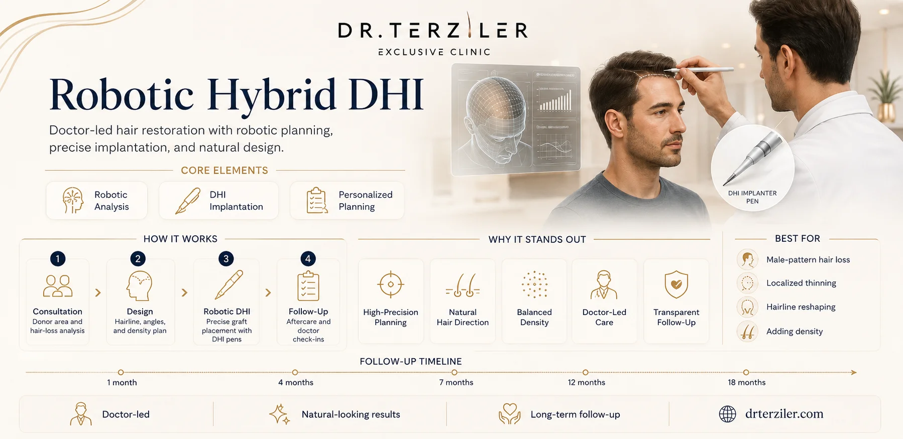 Robotic DHI hair transplant infographic explaining doctor-led Direct Hair Implantation, robotic DHI vs robotic FUE and manual DHI, graft survival, density per cm2, patented ROBOTIC DHI machine and hair transplant cost in Turkey at Dr. Terziler Exclusive Clinic in Istanbul