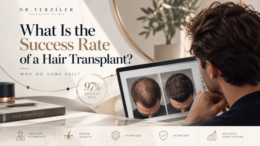 Hair transplant success rate featured image showing before-and-after hair density results, surgeon experience, donor quality, technique and aftercare at Dr. Terziler Exclusive Clinic