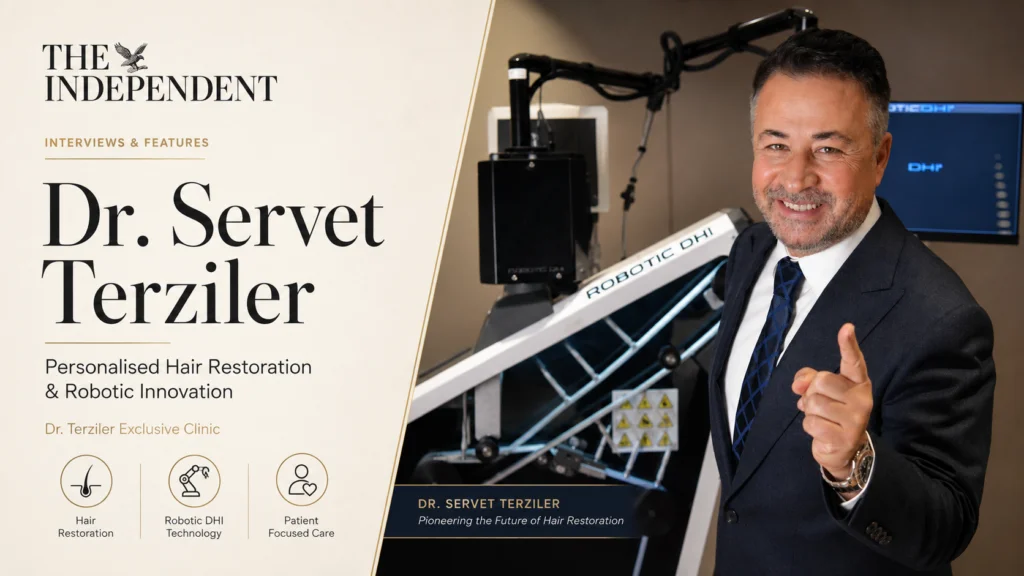 Dr. Servet Terziler with Robotic DHI technology, featured in The Independent for personalised hair restoration and patient-focused care in Istanbul.