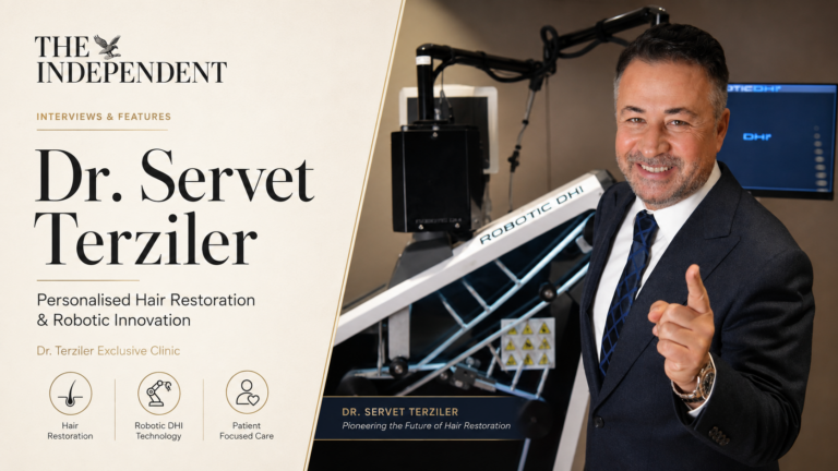 Dr. Servet Terziler with Robotic DHI technology, featured in The Independent for personalised hair restoration and patient-focused care in Istanbul.