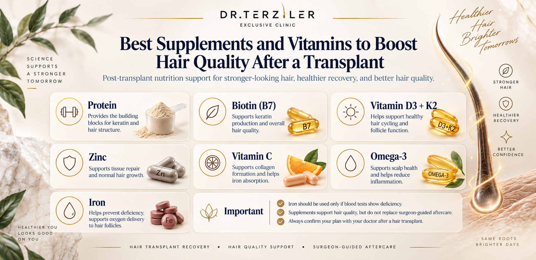 Best supplements and vitamins to boost hair quality after a hair transplant explained by Dr. Terziler. Protein, biotin, vitamin d3 + k2, zinc, vitamin c, omega-3 and iron are the most useful vitamins after a hair transplant