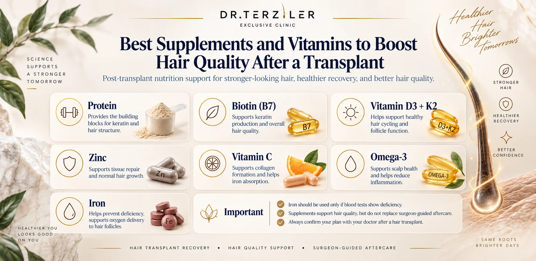 Best supplements and vitamins to boost hair quality after a hair transplant explained by Dr. Terziler. Protein, biotin, vitamin d3 + k2, zinc, vitamin c, omega-3 and iron are the most useful vitamins after a hair transplant