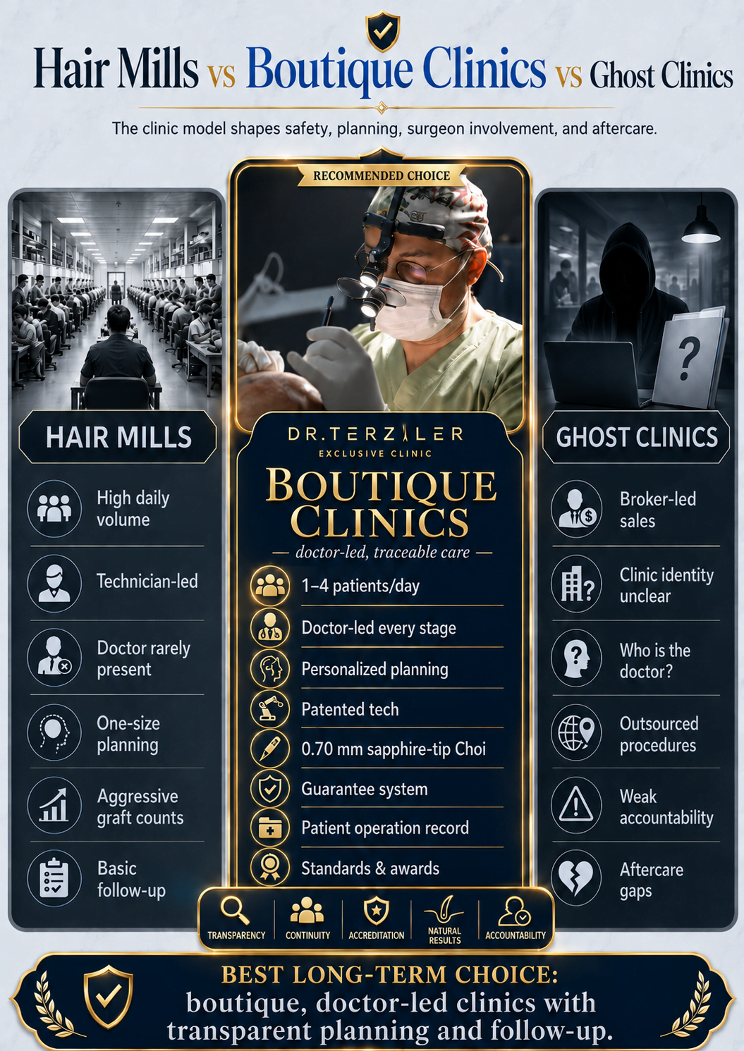 How to choose right hair transplant clinic? Hair mills vs Boutique Clinics (Dr. Terziler style-care) vs Ghost Clinics compared in terms of doctor involvement, procedure volume, planning, technology, guarantee, tools, standards & awards and transparency