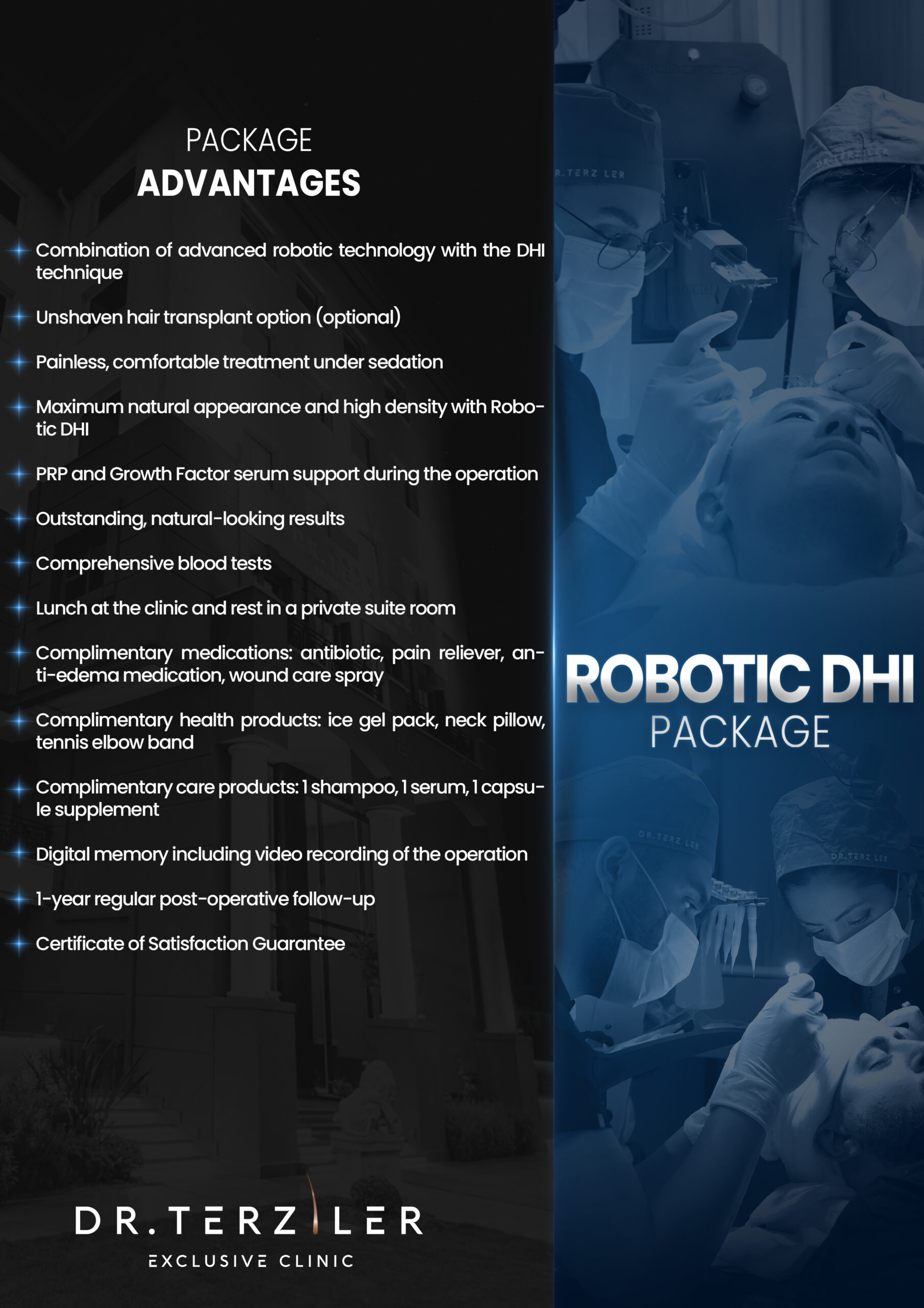 Robotic DHI hair transplant Turkey package with PRP, Growth Factor support and digital procedure recording at Dr. Terziler Clinic