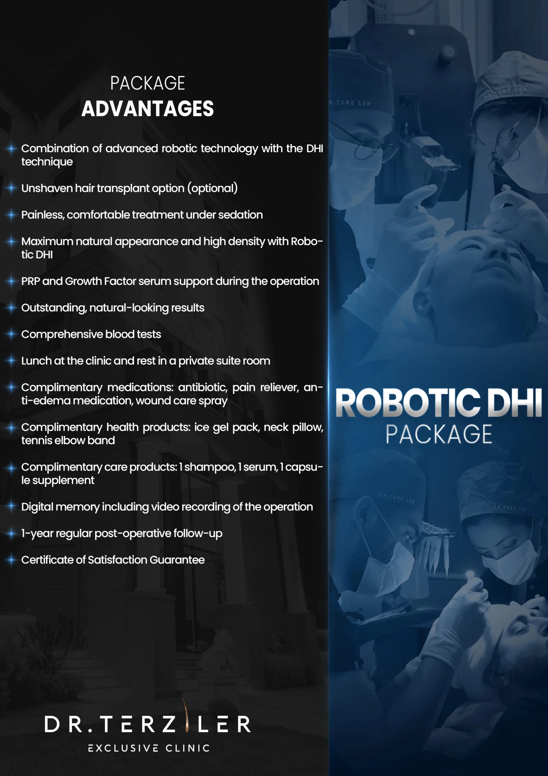 Robotic DHI hair transplant Turkey package with PRP, Growth Factor support and digital procedure recording at Dr. Terziler Clinic