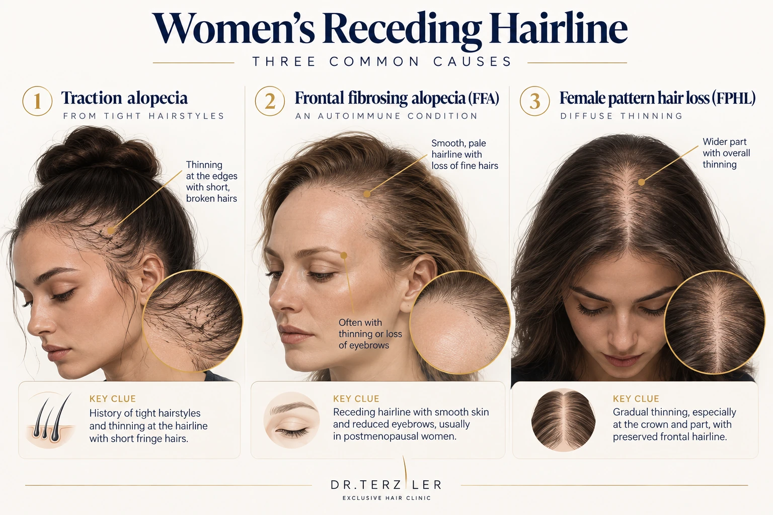 Illustrated comparison of traction alopecia at the edges, a frontal fibrosing alopecia band with eyebrow thinning, and female pattern hair loss with a widening part.