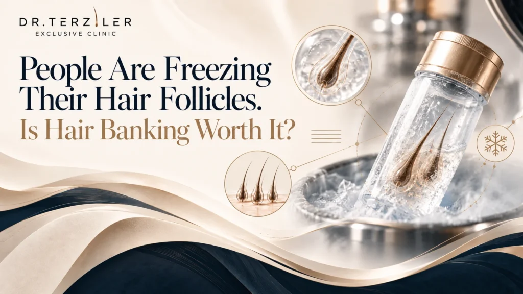 Hair banking illustration showing hair follicles in a frost-covered storage vial, with enlarged follicle diagrams and the question “Is Hair Banking Worth It?”
