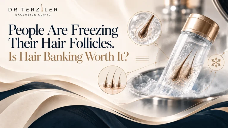 Hair banking illustration showing hair follicles in a frost-covered storage vial, with enlarged follicle diagrams and the question “Is Hair Banking Worth It?”